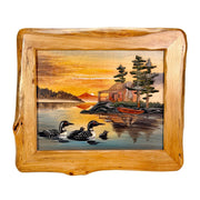 Intarsia Loon Family Wood Wall Sculpture, 25.5 x 29.5 Inch Rustic Live Edge Framed Lake Cabin Decor, Handcrafted Brown Glossy