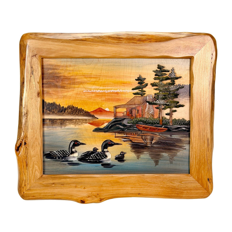 Intarsia Loon Family Wood Wall Sculpture, 25.5 x 29.5 Inch Rustic Live Edge Framed Lake Cabin Decor, Handcrafted Brown Glossy