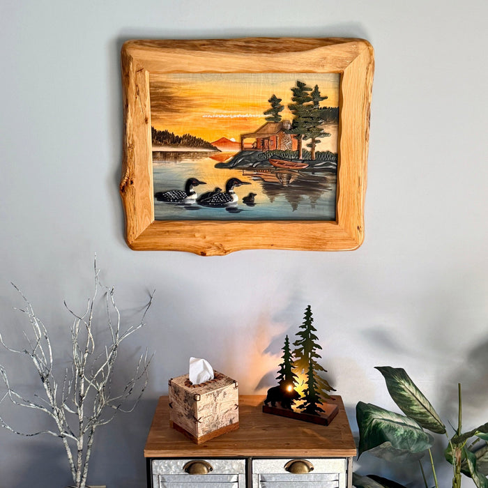 Intarsia Loon Family Wood Wall Sculpture, 25.5 x 29.5 Inch Rustic Live Edge Framed Lake Cabin Decor, Handcrafted Brown Glossy