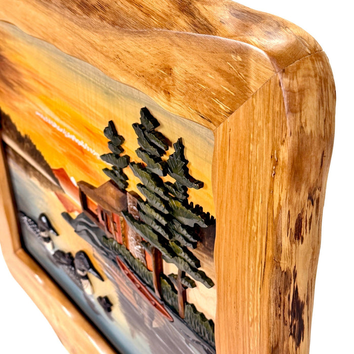 Intarsia Loon Family Wood Wall Sculpture, 25.5 x 29.5 Inch Rustic Live Edge Framed Lake Cabin Decor, Handcrafted Brown Glossy
