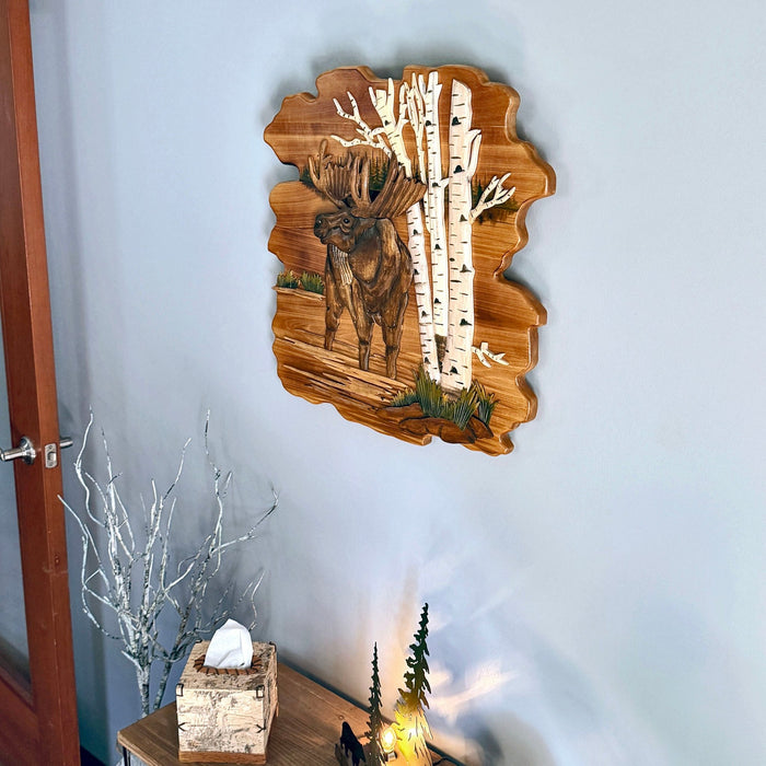 Intarsia moose in birch forest wood wall sculpture, 23.5 inch rustic lodge cabin wall decor, hand carved layered intarsia