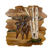 Intarsia moose in birch forest wood wall sculpture, 23.5 inch rustic lodge cabin wall decor, hand carved layered intarsia