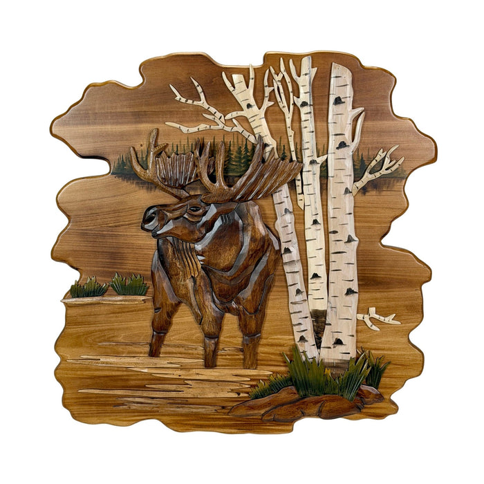 Intarsia moose in birch forest wood wall sculpture, 23.5 inch rustic lodge cabin wall decor, hand carved layered intarsia