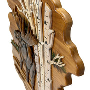 Intarsia moose in birch forest wood wall sculpture, 23.5 inch rustic lodge cabin wall decor, hand carved layered intarsia