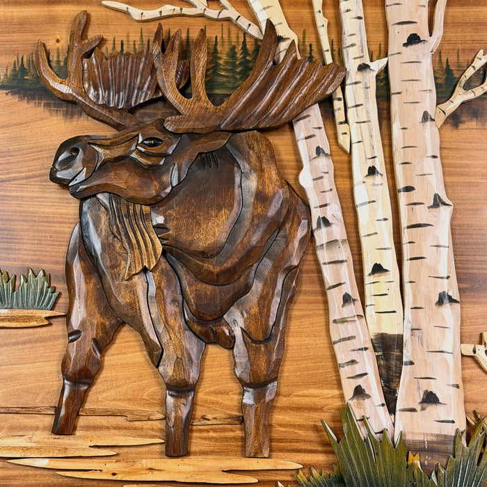 Intarsia moose in birch forest wood wall sculpture, 23.5 inch rustic lodge cabin wall decor, hand carved layered intarsia