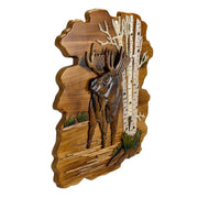 Intarsia moose in birch forest wood wall sculpture, 23.5 inch rustic lodge cabin wall decor, hand carved layered intarsia