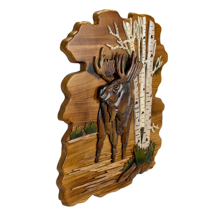 Intarsia moose in birch forest wood wall sculpture, 23.5 inch rustic lodge cabin wall decor, hand carved layered intarsia