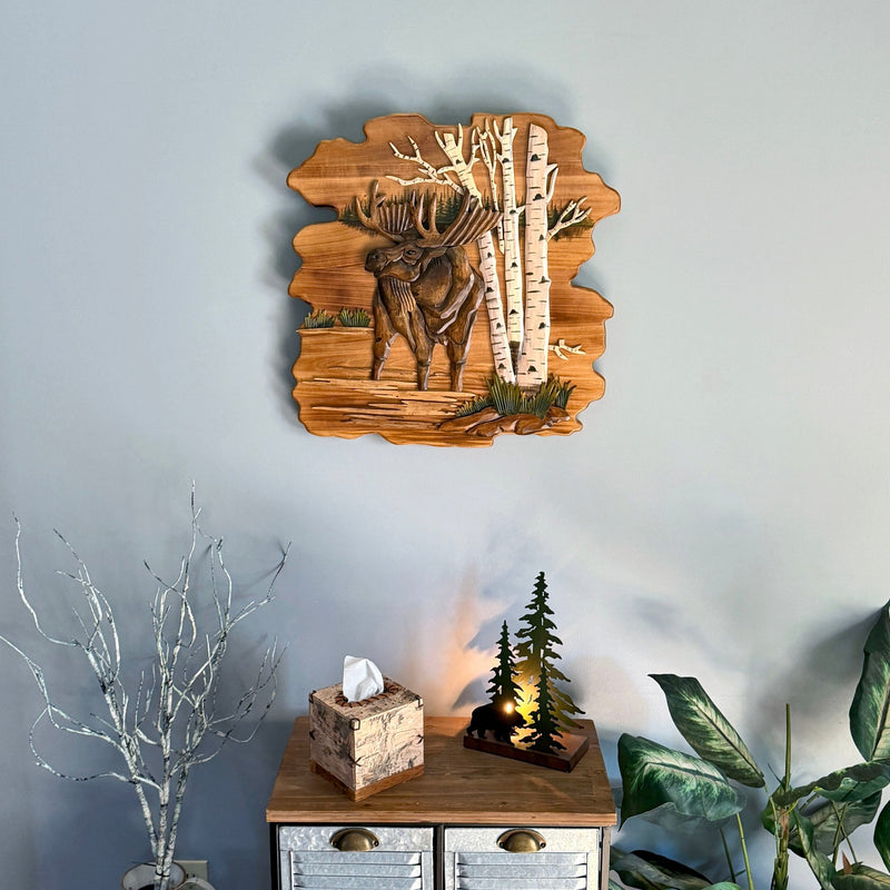 Intarsia moose in birch forest wood wall sculpture, 23.5 inch rustic lodge cabin wall decor, hand carved layered intarsia