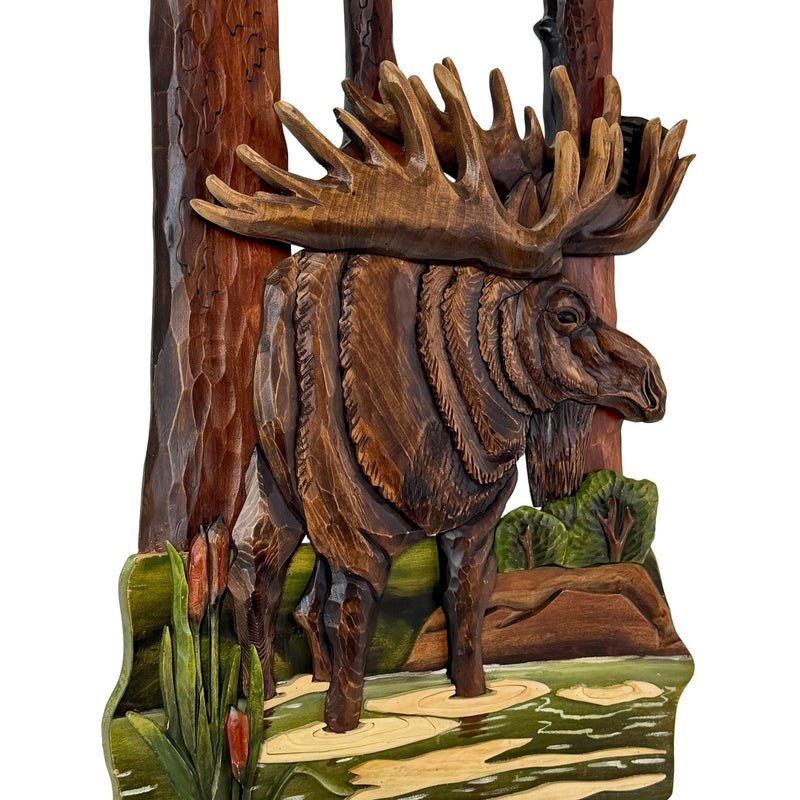 Intarsia Wood Moose Wall Sculpture, 31 x 17 Inch Handcrafted Rustic Wildlife Wall Art with Glossy Finish, Layered Forest