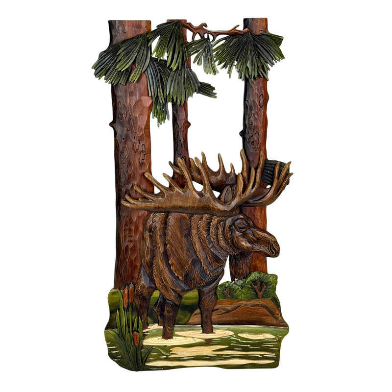 Intarsia Wood Moose Wall Sculpture, 31 x 17 Inch Handcrafted Rustic Wildlife Wall Art with Glossy Finish, Layered Forest