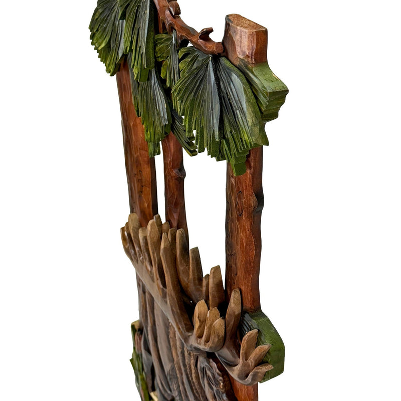 Intarsia Wood Moose Wall Sculpture, 31 x 17 Inch Handcrafted Rustic Wildlife Wall Art with Glossy Finish, Layered Forest