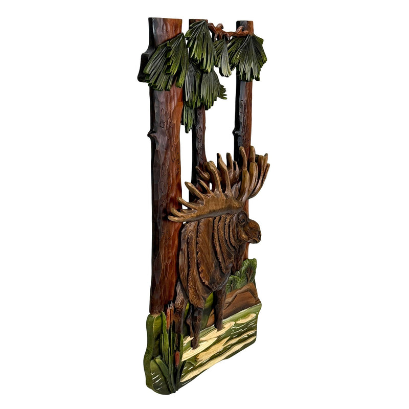 Intarsia Wood Moose Wall Sculpture, 31 x 17 Inch Handcrafted Rustic Wildlife Wall Art with Glossy Finish, Layered Forest