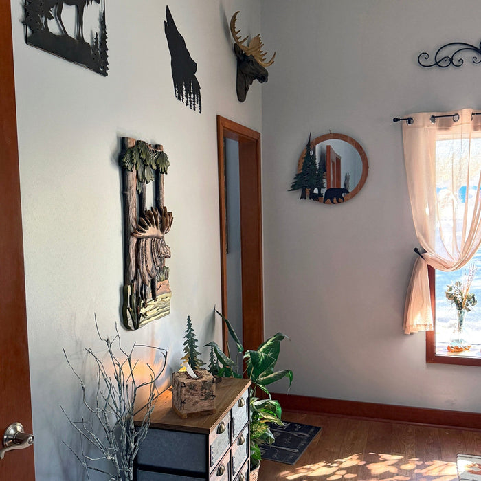 Intarsia Wood Moose Wall Sculpture, 31 x 17 Inch Handcrafted Rustic Wildlife Wall Art with Glossy Finish, Layered Forest