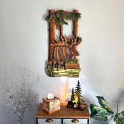 Intarsia Wood Moose Wall Sculpture, 31 x 17 Inch Handcrafted Rustic Wildlife Wall Art with Glossy Finish, Layered Forest