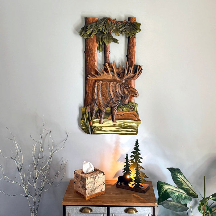 Intarsia Wood Moose Wall Sculpture, 31 x 17 Inch Handcrafted Rustic Wildlife Wall Art with Glossy Finish, Layered Forest
