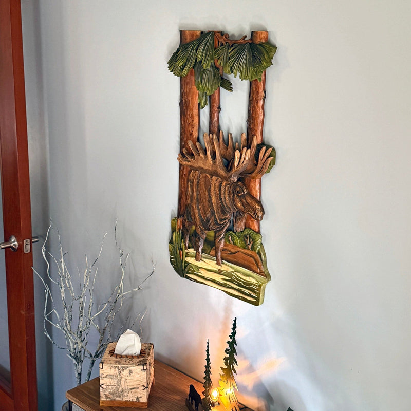 Intarsia Wood Moose Wall Sculpture, 31 x 17 Inch Handcrafted Rustic Wildlife Wall Art with Glossy Finish, Layered Forest