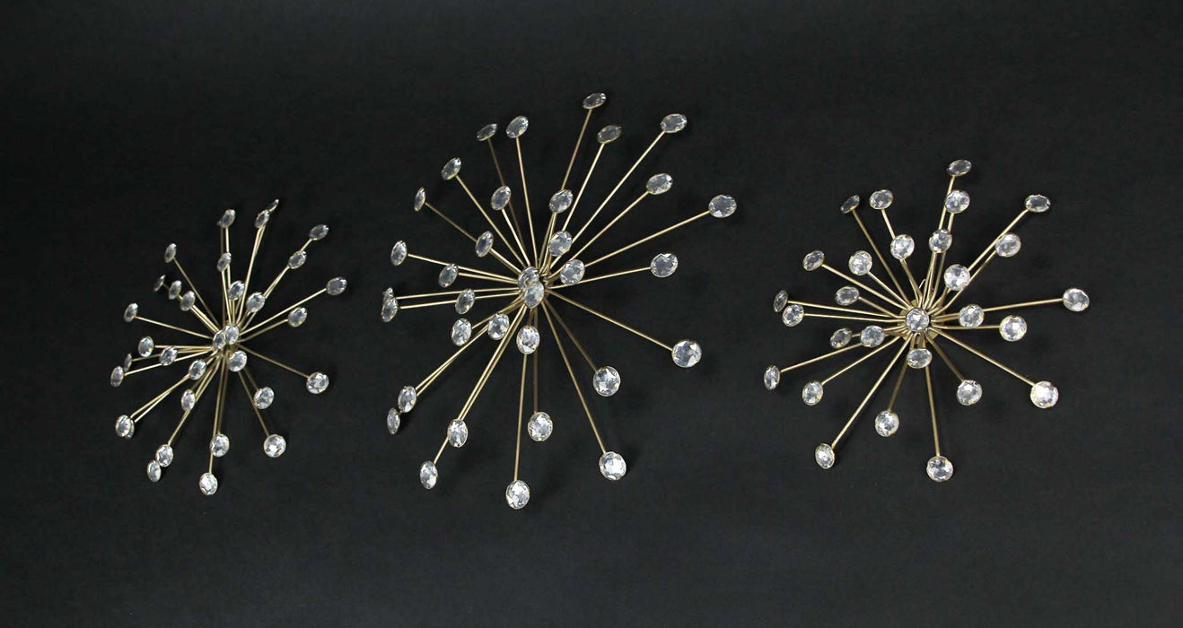 Gold - Image 2 - Set of 3 Gold Finish Jeweled Metal Sunburst Wall Mounted Hanging Sculptures for Glamorous Mid Century Modern