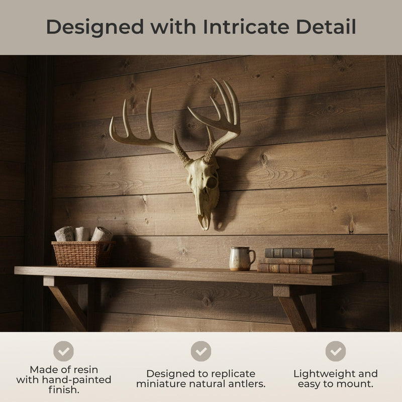 Little Bucky - 15-Inch Wall Mounted Faux Deer Skull With 10-Point Antlers - Hand-Painted Aged Finish - Lodge or Western Charm