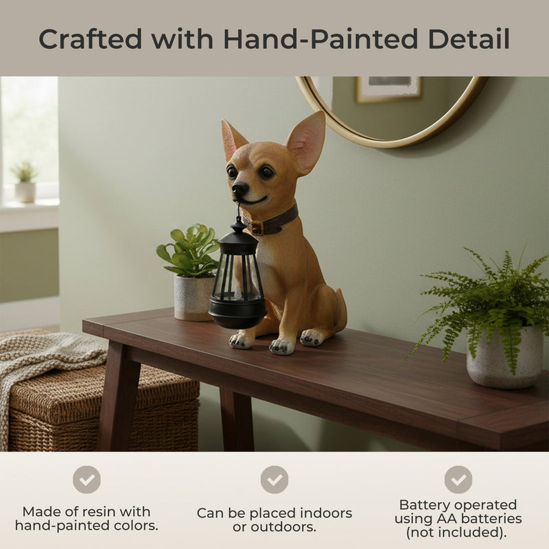 Little Light Keeper: Chihuahua Statue with LED Lantern - Outdoor Decor Figurine for Garden, Patio, and Yard Accent Lighting -