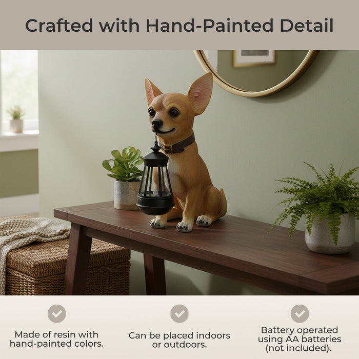 Little Light Keeper: Chihuahua Statue with LED Lantern - Outdoor Decor Figurine for Garden, Patio, and Yard Accent Lighting -