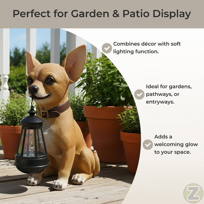Little Light Keeper: Chihuahua Statue with LED Lantern - Outdoor Decor Figurine for Garden, Patio, and Yard Accent Lighting -
