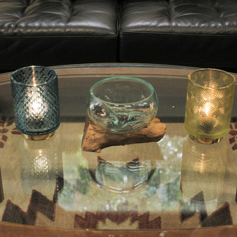 Medium Wide Mouth Molten Glass on Teak Driftwood Decorative Sculptural Bowl, Vase, and Terrarium Planter - Approximately 5