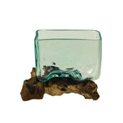 Melted Molten Glass on Teak Driftwood Rectangular Decorative Bowl, Vase, or Planter - Approximately 5.75 Inches High -