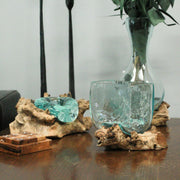 Melted Molten Glass on Teak Driftwood Rectangular Decorative Bowl, Vase, or Planter - Approximately 5.75 Inches High -