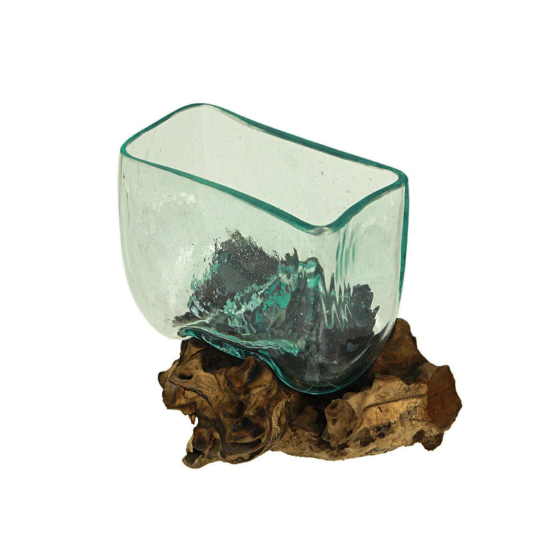 Melted Molten Glass on Teak Driftwood Rectangular Decorative Bowl, Vase, or Planter - Approximately 5.75 Inches High -
