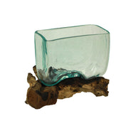 Melted Molten Glass on Teak Driftwood Rectangular Decorative Bowl, Vase, or Planter - Approximately 5.75 Inches High -