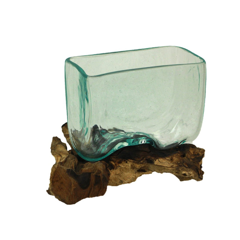 Melted Molten Glass on Teak Driftwood Rectangular Decorative Bowl, Vase, or Planter - Approximately 5.75 Inches High -