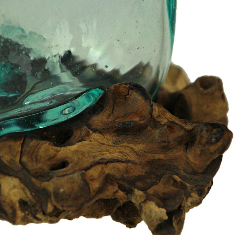 Melted Molten Glass on Teak Driftwood Rectangular Decorative Bowl, Vase, or Planter - Approximately 5.75 Inches High -