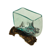 Melted Molten Glass on Teak Driftwood Rectangular Decorative Bowl, Vase, or Planter - Approximately 5.75 Inches High -
