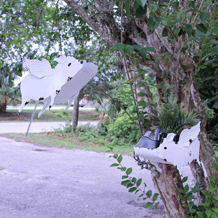 White - Image 6 - Antique White Finish Metal Flying Pig Hanging Planter - 14 Inches Long - Perfect for Your Outdoor Home