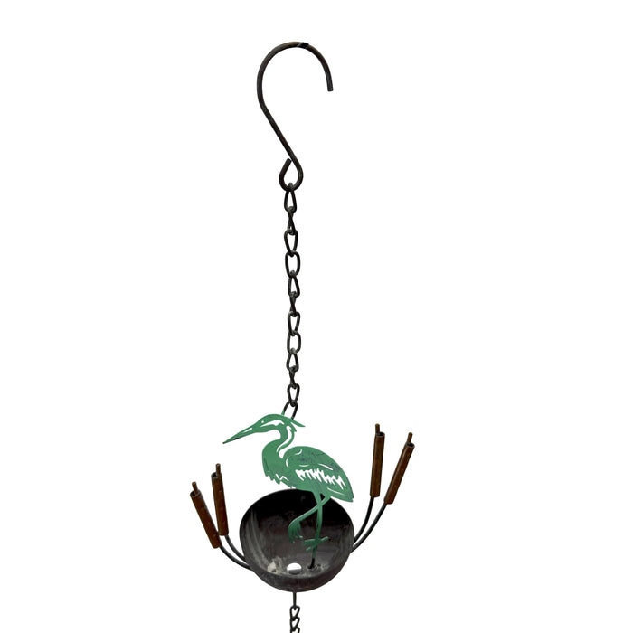 Green - Image 3 - Metal Heron Rain Chain, 102 Inch Extra Long Green Distressed Rustic Hanging Outdoor Water Chain with 8 Bird