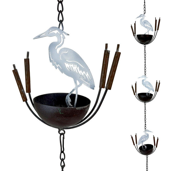White - Image 1 - Metal Rain Chain, White Heron Bird Design, 102 Inch Extra Long Hanging Downspout Alternative for Gutter