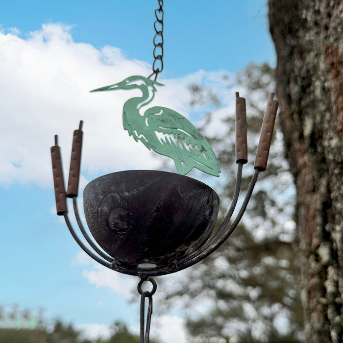Green - Image 4 - Metal Heron Rain Chain, 102 Inch Extra Long Green Distressed Rustic Hanging Outdoor Water Chain with 8 Bird