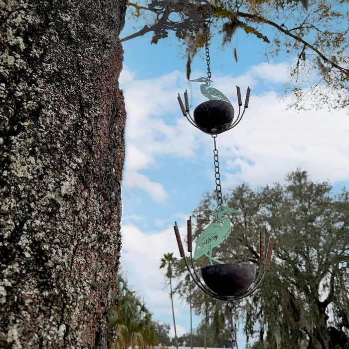 Green - Image 7 - Metal Heron Rain Chain, 102 Inch Extra Long Green Distressed Rustic Hanging Outdoor Water Chain with 8 Bird