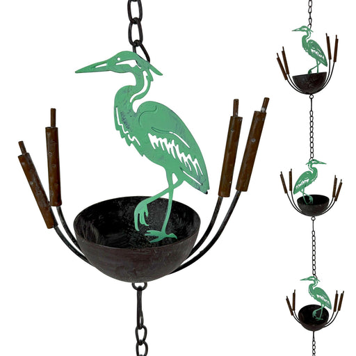 Green - Image 1 - Metal Heron Rain Chain, 102 Inch Extra Long Green Distressed Rustic Hanging Outdoor Water Chain with 8 Bird