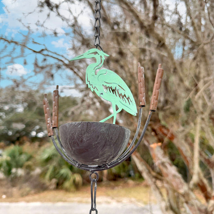 Green - Image 5 - Metal Heron Rain Chain, 102 Inch Extra Long Green Distressed Rustic Hanging Outdoor Water Chain with 8 Bird