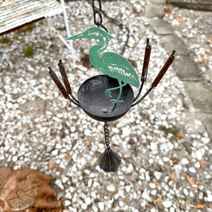 Green - Image 6 - Metal Heron Rain Chain, 102 Inch Extra Long Green Distressed Rustic Hanging Outdoor Water Chain with 8 Bird