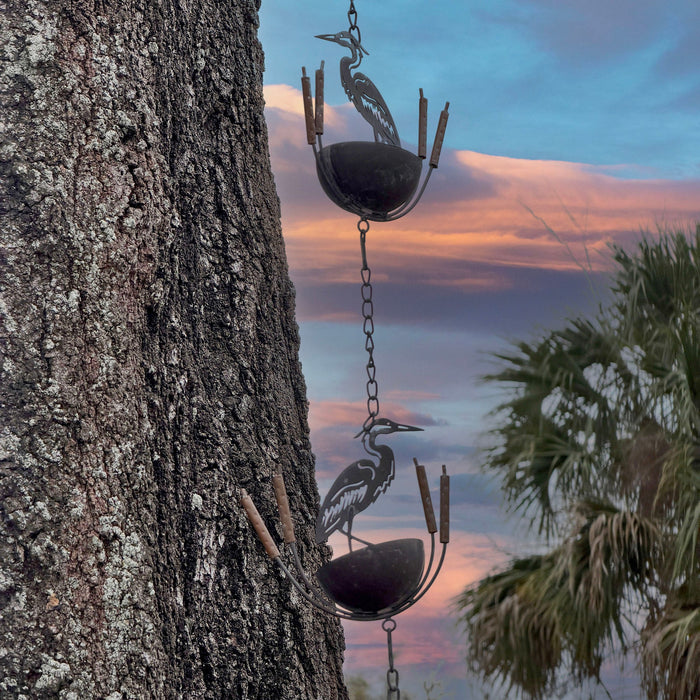 Brown - Image 4 - Metal Heron Rain Chain, 102 Inch Extra Long Brown Distressed Rustic Hanging Outdoor Water Chain with 8 Bird