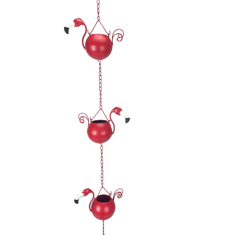 Red - Image 2 - 90-Inch Metal Rain Chain with 8 Portly Flamingos, 7 Inches Long Each, Muted Red Finish, Decorative Downspout
