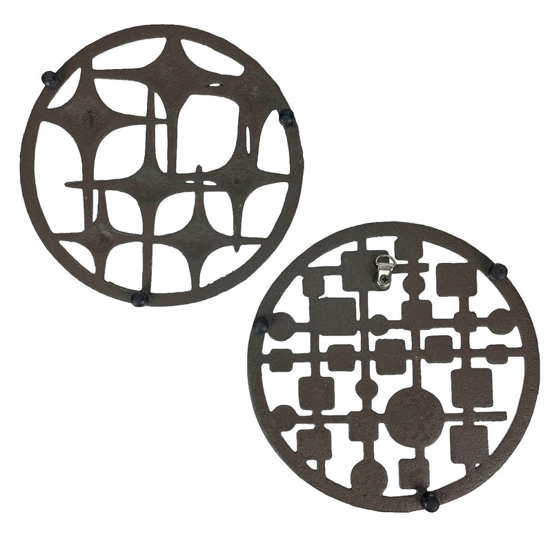 Set of 2 Cast Iron MCM Trivets – Stars & Circles/Squares Bronze, 8" Modernist Table Protectors, Durable Heat-Resistant Mid