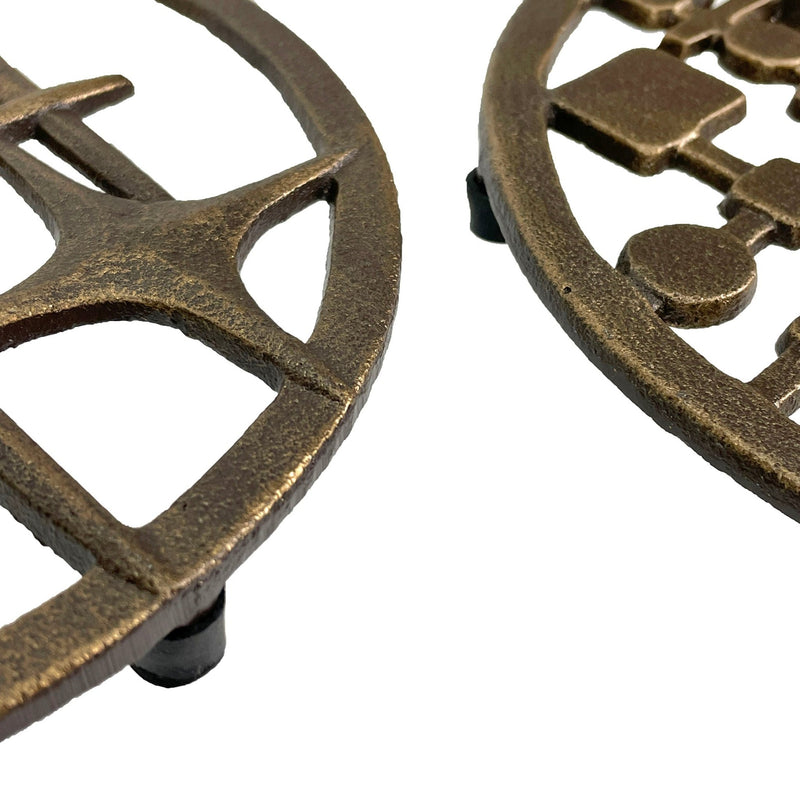 Set of 2 Cast Iron MCM Trivets – Stars & Circles/Squares Bronze, 8" Modernist Table Protectors, Durable Heat-Resistant Mid