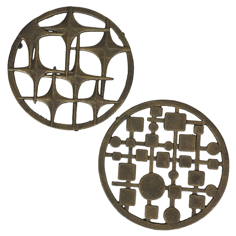 Set of 2 Cast Iron MCM Trivets – Stars & Circles/Squares Bronze, 8" Modernist Table Protectors, Durable Heat-Resistant Mid