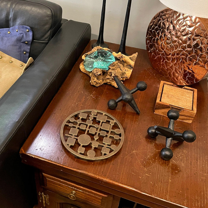 Set of 2 Cast Iron MCM Trivets – Stars & Circles/Squares Bronze, 8" Modernist Table Protectors, Durable Heat-Resistant Mid