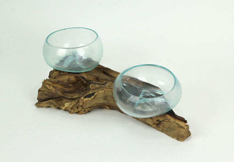 Molten Glass On Coffee Wood Root Double Decorative Bowl Vase Plant Terrarium Image 3