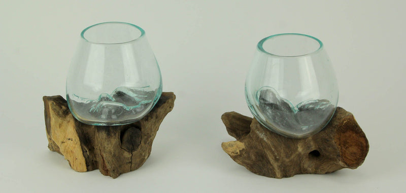 Molten Glass On Teak Driftwood Decorative Bowl Vase Terrarium Planter Set of 2 Image 3