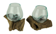 Molten Glass On Teak Driftwood Decorative Bowl Vase Terrarium Planter Set of 2 Image 1
